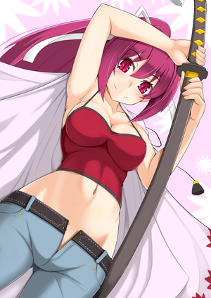 1girl alfort_(may0508) armpits belt breasts cleavage hair_ribbon hand_on_hilt jacket_on_shoulders long_hair midriff navel open_fly pants ponytail purple_hair red_eyes ribbon sheath smile solo tank_top under_night_in-birth unzipped yuzuriha_(under_night_in