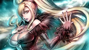 1girl blonde_hair breasts cleavage eyelashes french-bread fur_trim heterochromia high_ponytail highres hilda_(under_night_in-birth) large_breasts lips long_hair nail_polish nose official_art red_eyes screencap solo under_night_in-birth very_long_hair yell