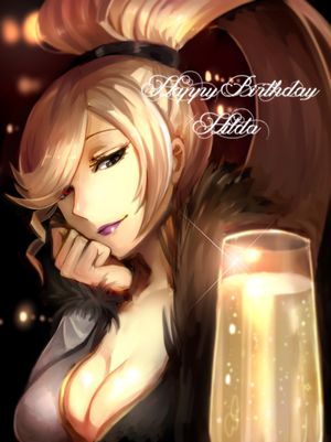 1girl alcohol blonde_hair breasts champagne chin_rest cleavage green_eyes hair_over_one_eye half-closed_eyes happy_birthday heterochromia high_ponytail highres hilda_(under_night_in-birth) large_breasts light_smile lips lipstick long_hair makeup red_eyes