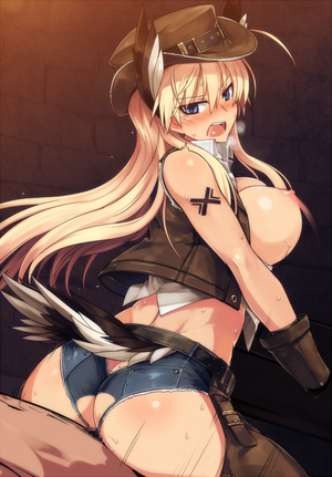 1girl ass blonde_hair blue_eyes blush bouncing_breasts breasts censored cowboy_hat girl_on_top gloves hanna-justina_marseille hat head_wings jacket large_breasts long_hair looking_at_viewer looking_back nipples null_(nyanpyoun) open_mouth reverse_cowgirl_