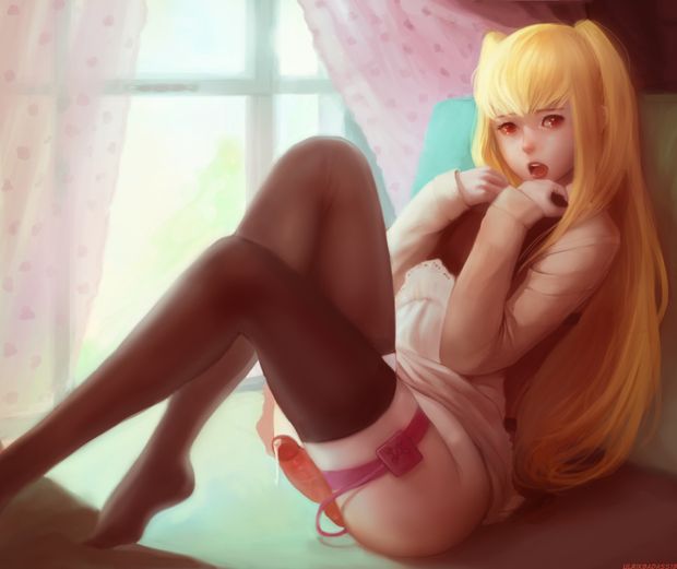 1boy alternate_legwear anal anal_insertion androgynous bed black_legwear blonde_hair bottomless crossdressing cum erection highres hose long_hair looking_at_viewer male maria_holic object_insertion open_mouth penis precum realistic red_eyes remote_control