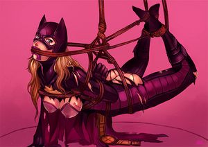 1girl ass batgirl batman_(series) bdsm breasts dc_comics erect_nipples hanging_breasts kachima medium_breasts shibari solo stephanie_brown torn_clothes