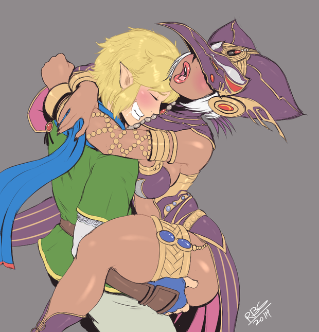 1boy 1girl arms_around_neck ass blonde_hair blush breasts cia_(zelda_musou) clothed_sex dark_skin eyes_closed gloves grin happy_sex hat head_back hetero hug interracial jewelry large_breasts link lips lots_of_jewelry mask moaning open_mouth orgasm pointy_