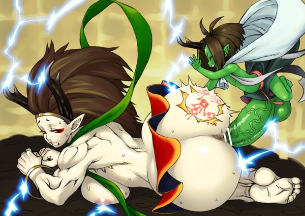 1boy 1girl anus arched_back ass barefoot breast_beam breasts brown_hair censored clenched_teeth couple electricity eyes_closed eyeshadow feet from_behind fuujin_(oboro_muramasa) giantess green_skin height_difference hetero horn horns huge_ass huge_breasts
