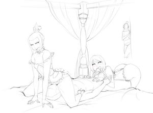 1boy 3girls ass avatar:_the_last_airbender azula bed blush cunnilingus fellatio high_heels highres jin_(avatar) lingerie lm_(legoman) multiple_girls naughty_face oral reverse_spitroast short_hair sitting sitting_on_face sitting_on_person sketch threesome