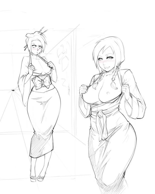 2girls absurdres avatar:_the_last_airbender blush braid breast_envy breasts crossover frown fuu highres japanese_clothes jin_(avatar) kimono large_breasts lm_(legoman) manglobe multiple_girls nickelodeon nipples samurai_champloo small_breasts smile twin_b