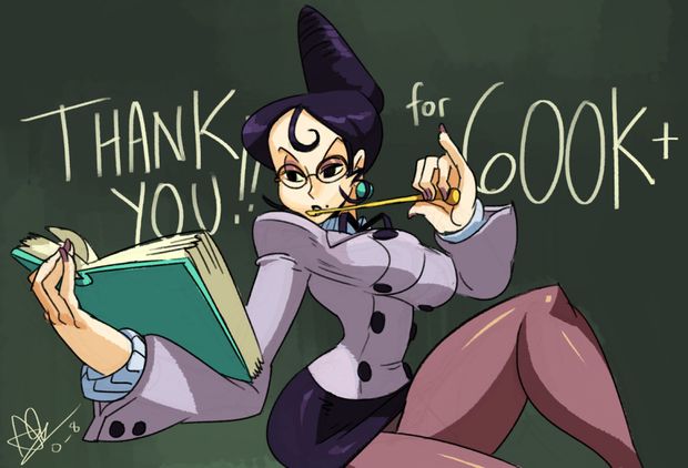 1girl alex_ahad bangs black_hair black_lipstick book breasts buttons chalkboard earrings eyeshadow glasses jacket jewelry large_breasts lipstick long_hair makeup miniskirt mole mrs._victoria_(skullgirls) nail_polish open_book pantyhose parted_bangs pinky_