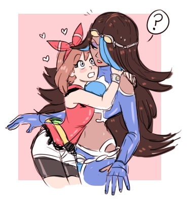 2girls ? age_difference bike_shorts blue_eyes blue_hair blush_stickers brown_hair dark_skin dashingicecream goggles goggles_on_head hair_over_one_eye hair_ribbon haruka_(pokemon) haruka_(pokemon)_(remake) heart hug izumi_(pokemon) izumi_(pokemon)_(remake)