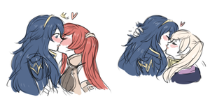 3girls blue_eyes blue_hair dashingicecream eyes_closed fire_emblem fire_emblem:_kakusei kiss long_hair lucina multiple_girls my_unit nintendo red_hair serena_(fire_emblem) twintails white_hair yuri