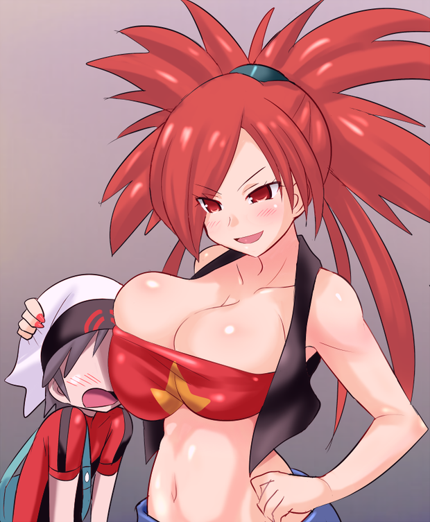 1boy 1girl age_difference asuna_(pokemon) bag breast_press breasts brown_hair bursting_breasts cleavage front-tie_top grey_background gym_leader hat hetero huge_breasts konno_tohiro large_breasts long_hair midriff nail_polish navel no_eyes open_mouth poke