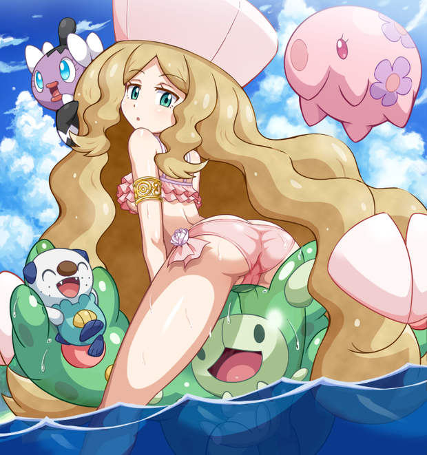 1girl ^_^ armband arms_up ass back blue_eyes blue_sky breasts brown_hair cameltoe cattleya_(pokemon) cloud elite_four eyes_closed fang fangs gothita hat jewelry long_hair looking_back munna ocean open_mouth oshawott parted_lips partially_visible_vulva pok