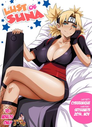 1girl 2014 artist_name blonde_hair blue_eyes breasts cleavage cyberunique fingerless_gloves forehead_protector gloves headband large_breasts legs looking_at_viewer lying naruto naruto_shippuuden on_back quad_tails smile solo temari thighs