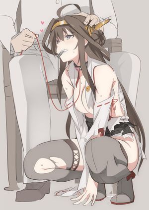 1boy 1girl admiral_(kantai_collection) ahoge bdsm breasts brown_hair chair collar damaged hand_on_head heart heart-shaped_pupils kantai_collection kongou_(kantai_collection) leash lock mouth_hold ningen_(ningen96) nipples nontraditional_miko pussy_juice s
