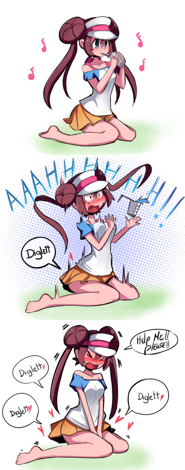 1girl absurdres bare_shoulders barefoot blue_eyes blush bouncing_breasts breasts brown_hair creature_inside diglett double_bun feet full-face_blush highres long_hair mei_(pokemon) miniskirt musical_note nintendo pokemon pokemon_(game) pokemon_bw2 sho-n-d