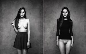 Petite brunette model with shaved pussy