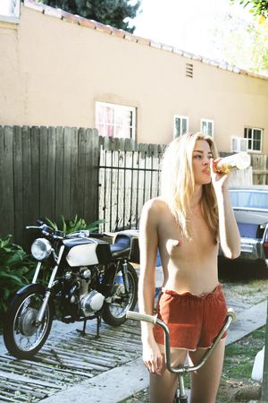 Topless Flat Chested Babe Drinking