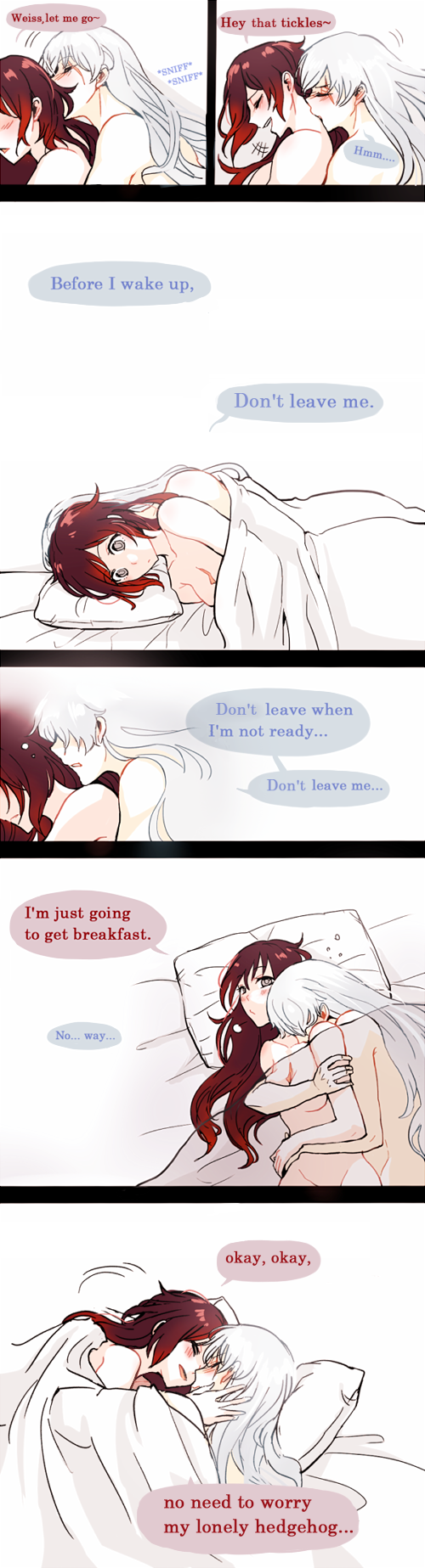 2girls bed blush breasts comic english eyes_closed hickey highres hug kuma_(bloodycolor) long_hair lying multiple_girls nude older red_hair ruby_rose rwby weiss_schnee white_hair x-ray yuri