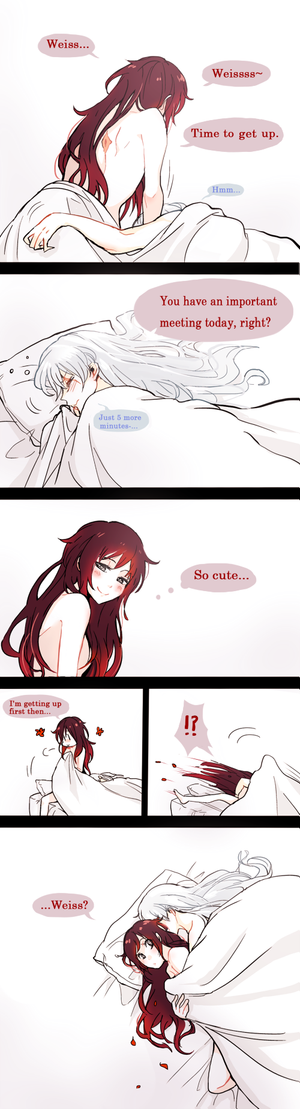 !? 2girls bed blush comic english highres hug kuma_(bloodycolor) long_hair lying multiple_girls nude older red_hair ruby_rose rwby sleeping weiss_schnee white_hair yuri