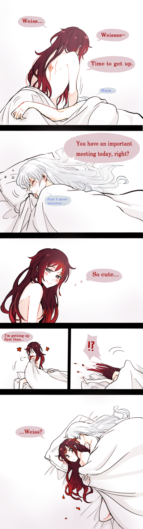 !? 2girls bed blush comic english highres hug kuma_(bloodycolor) long_hair lying multiple_girls nude older red_hair ruby_rose rwby sleeping weiss_schnee white_hair yuri