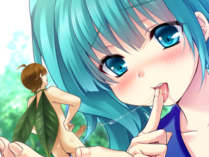 1boy 1girl ahoge akagi_rio ass blue_eyes blue_hair blush brown_hair censored cum cumdrip erection face finger_licking finger_to_mouth game_cg hands_on_hips in_palm leaf maikuro_mitsuru miniboy nude oh!!_micro-man shizuhara_yumika tongue tongue_out