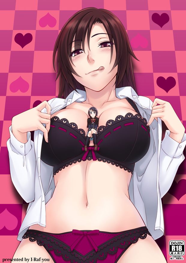 2girls :q absurdres between_breasts black_bra blazer bra breasts capelet checkered checkered_background cleavage dress_shirt hair_ornament heart highres kneehighs korisei loafers microne_magazine minigirl multiple_girls no_pants open_clothes open_shirt or