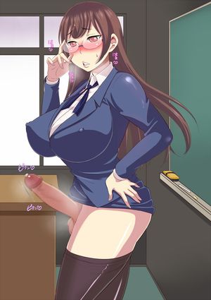 1girl black_legwear blazer blush bottomless breasts brown_hair censored chalkboard classroom erect_nipples erection futanari glasses huge_breasts kumikouj lips long_hair office_lady original penis podium precum red_eyes skirt teacher testicles
