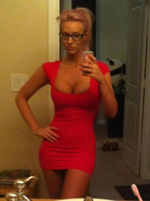 Sexy MILF with Glasses in Tight Red Mini Dress