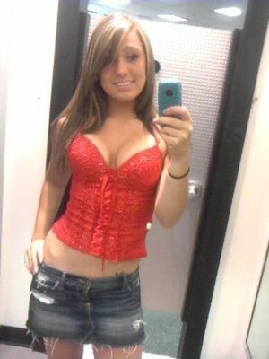 Hot Chick in Red Corset and Denim Skirt Selfie