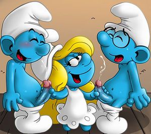 Smurfette stroking Brainy and Clumsy