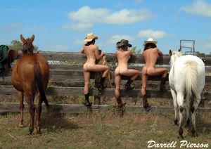 Three cowgirls on the fence hats bad boots only