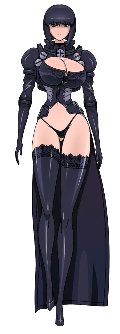 1girl akiranime animated animated_gif bangs black_eyes black_hair black_legwear black_panties bob_cut bolt bouncing_breasts breasts cleavage cleavage_cutout cross female gloves gluteal_fold high_heels hips lace lace-trimmed_thighhighs large_breasts legs l