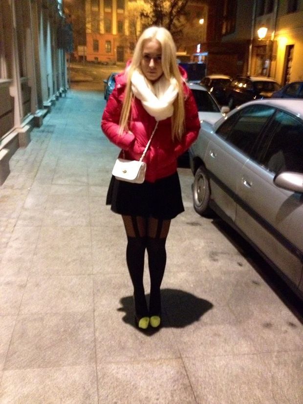 Sexy looking blone walking at night