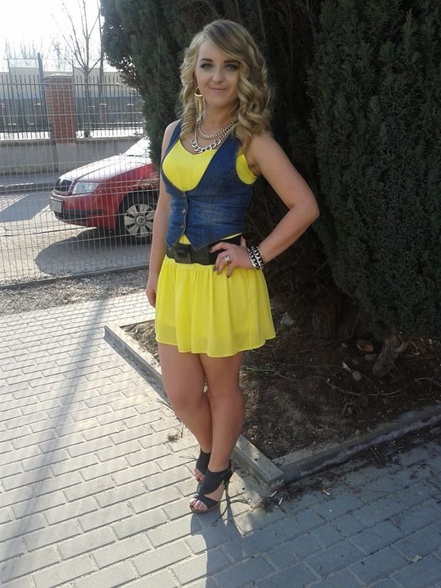 Cute blonde outdoor in yellow spring dress