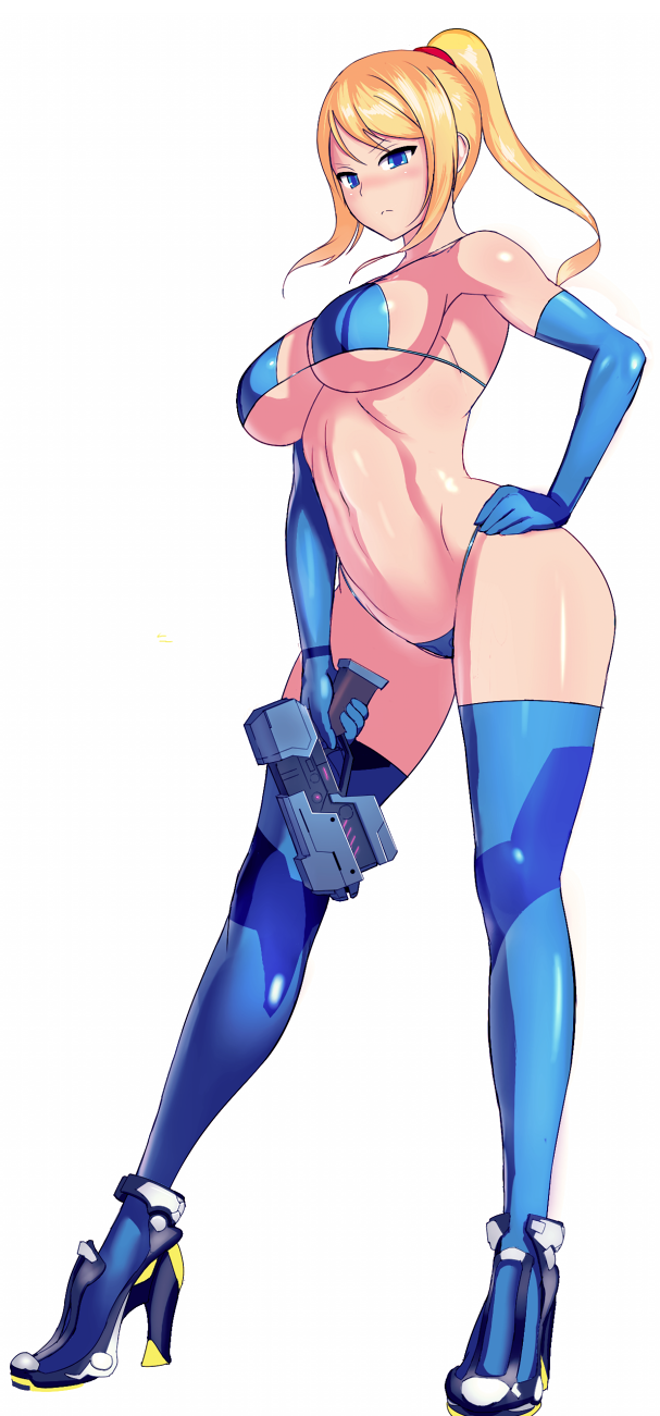 bikini blue_eyes booster-yoshy3 breasts cleavage gun hand_on_hip high_heels large_breasts latex metroid nintendo ponytail rocket_heels samus_aran shiny shiny_clothes shiny_skin simple_background solo standing thigh-high_stockings thong underboob weapon ze