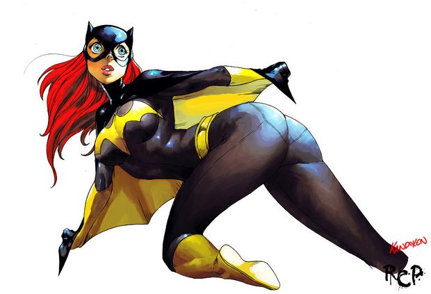ass barbara_gordon batgirl belt bent_over blue_eyes bodysuit cape dc_comics elbow_gloves from_behind gloves kandoken kneeling latex lipstick long_hair looking_back mask red_hair simple_background skin_tight solo