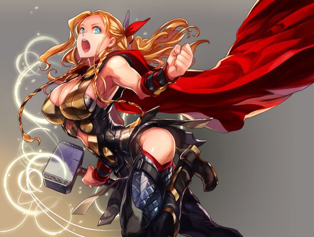 1girl armor blonde_hair blue_eyes boots braid breasts cape cleavage genderswap hair_ribbon hammer large_breasts marvel mjolnir nikumeron open_mouth ponytail solo thigh_boots thighhighs thor_(marvel) twin_braids