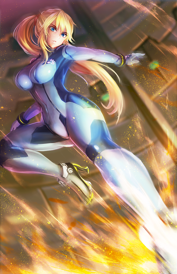1girl blonde_hair blue_eyes breasts curvy high_heels kick large_breasts long_hair metroid parted_lips ponytail samus_aran solo super_smash_bros. wide_hips zero_suit