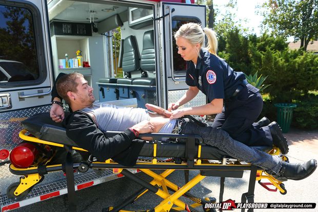 Stunning ambulance nurse gives a special treatment to her well-hung patient girl pic