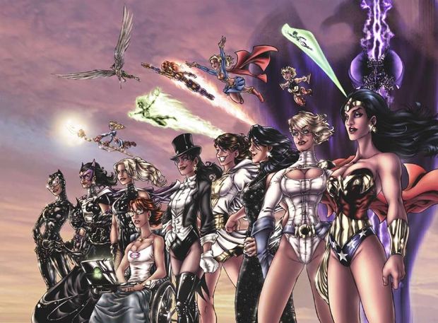 bare_shoulders batgirl belt black_canary black_hair blonde boots broom brown_hair cape catwoman costume dc_comics donna_troy feet fire fly girl hawkgirl huntress jade laptop legs mary oppai oracle power raven red_hair skirt starfire stargirl super_heroine