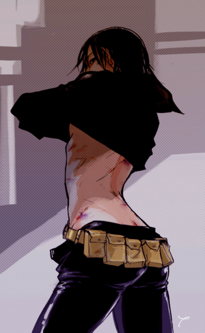 1girl 89g ass back batgirl batman_(series) belt black_bat black_hair blood bodysuit bruise cassandra_cain dc_comics female from_behind injury scar scars solo utility_belt utiliy_belt