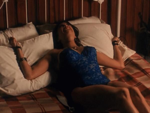 Teri Hatcher bound to bed in blue lingerie - struggle