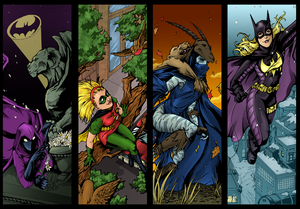 1girl bat_(symbol) batgirl batman_(series) bird black_gloves blonde_hair cape cut-in dc_comics domino_mask female gargoyle gloves green_gloves hood katavi mask multiple_persona robin robin_(dc) solo spoiler_(dc) stephanie_brown tree