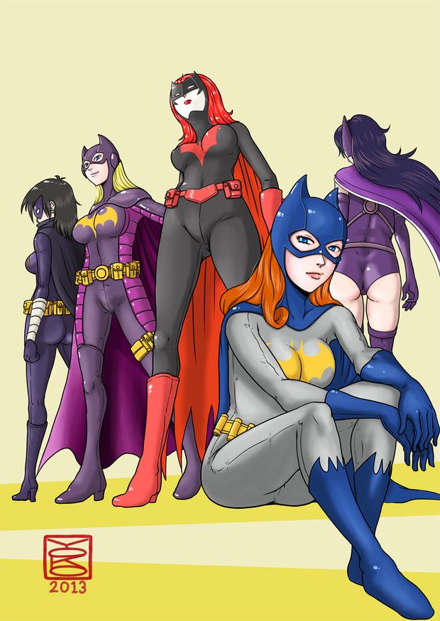 ass barbara_gordon bat_(symbol) batgirl batman_(series) batwoman belt black_bat black_hair blonde_hair bodysuit boots cape cassandra_cain dc_comics domino_mask female gloves helena_bertinelli highres huntress mask multiple_girls orange_hair purple_shoes r