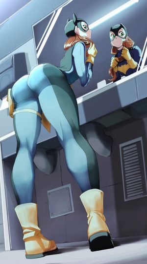 1girl ass barbara_gordon batgirl bathroom bodysuit boots brown_hair dc_comics gloves green_eyes kitsuito leaning_forward looking_back mask mirror solo yellow_gloves