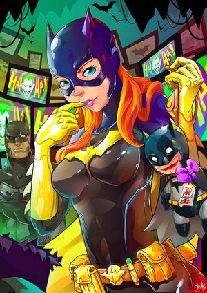 barbara_gordon bat bat_(symbol) batcave batgirl batman batman_(series) belt bruce_wayne cape dc_comics gloves green_hair laugh mask orange_hair screen shawn_yap the_joker toy