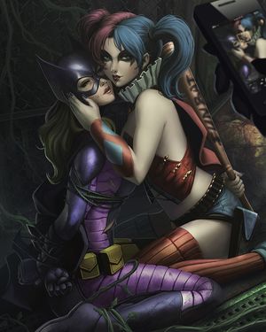 arms_behind_back bare_shoulders baseball_bat batgirl batman_(series) bdsm belt blonde_hair blue_eyes blue_hair bodysuit bondage boots cape cellphone dc_comics femdom gloves harley_quinn jester long_hair mahenbu makeup mask multicolored_hair multiple_girls