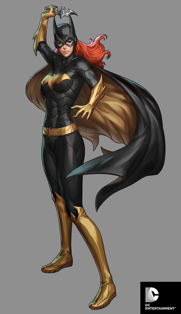 barbara_gordon bat_(symbol) batgirl batman_(series) boots cape copyright_name dc_comics full_body gloves green_eyes grey_background red_hair simple_background solo stanley_lau weapon