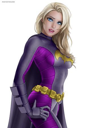 bat_(symbol) batgirl batman_(series) belt blonde_hair blue_eyes bodysuit cape dc_comics erect_nipples female gauntlets hand_on_hip ronindude solo standing stephanie_brown