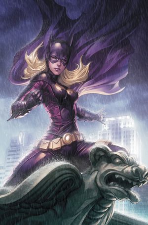 batgirl batman_(series) blonde_hair blue_eyes cape city dc_comics gargoyle gauntlets mask solo stanley_lau stephanie_brown