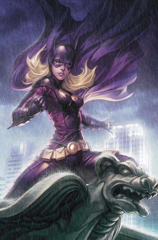 batgirl batman_(series) blonde_hair blue_eyes cape city dc_comics gargoyle gauntlets mask solo stanley_lau stephanie_brown